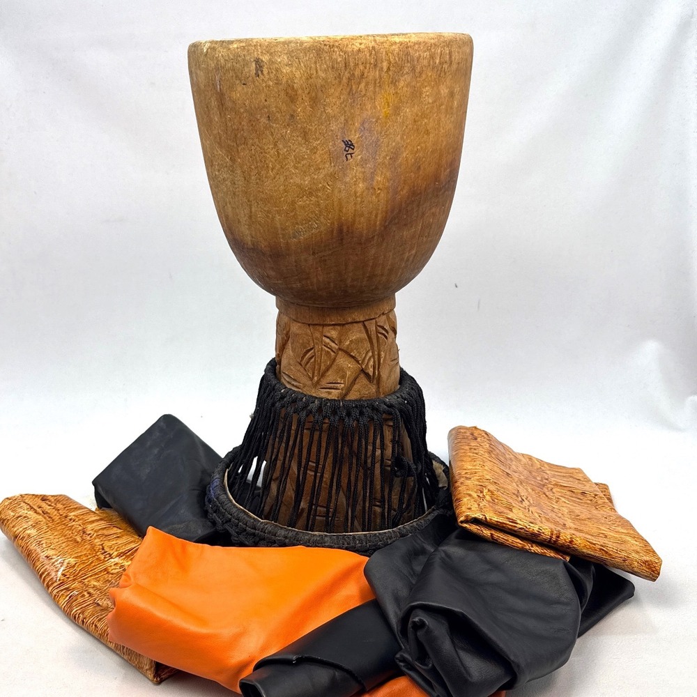 Hand Carved Wooden Djembe Drum Shell with Elephant Giraffe & Leather Hides Lot